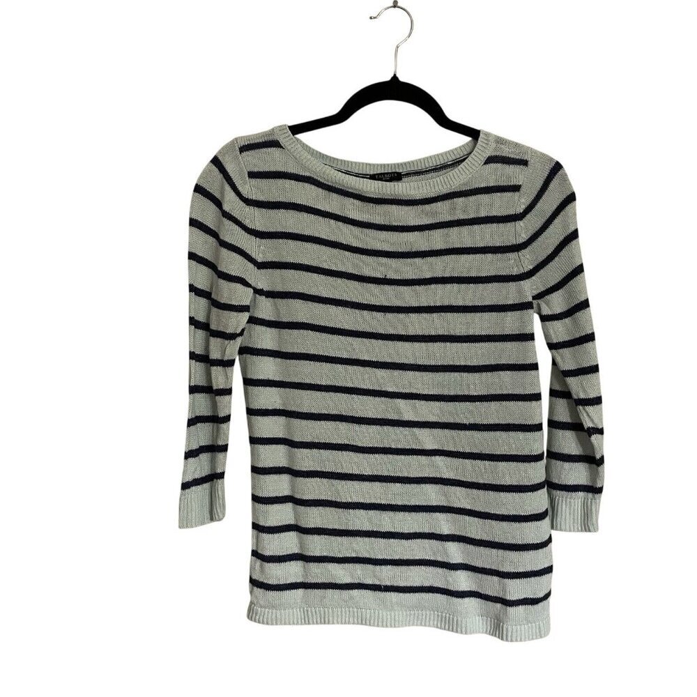 Talbots Petites Women SZ SP Blue Striped 3/4 Sleeve 100% Linen Knit Sweater